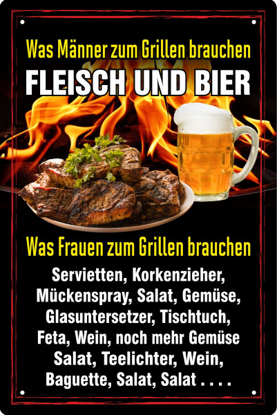 Blechschild Was Männer und Frauen zum grillen brauchen