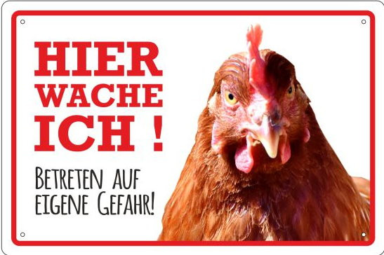 Blechschild Hier wache ich - Huhn Hahn