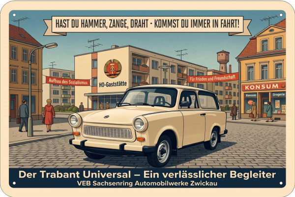 Blechschild Trabant 601 Universal - hast du Hammer, Zange, Draht kommst du immer in Fahrt