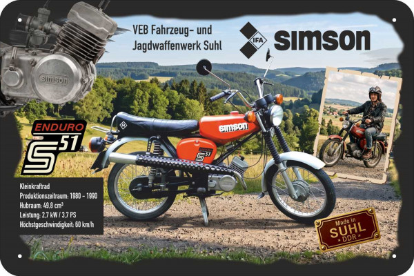 Blechschild Simson S51 Enduro IFA VEB Fahrzeug- und Jagdwaffenwerk Suhl