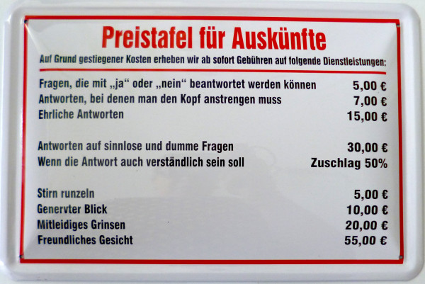 Blechschild Preistafel für Auskünfte