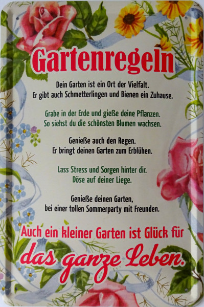 Blechschild Gartenregeln