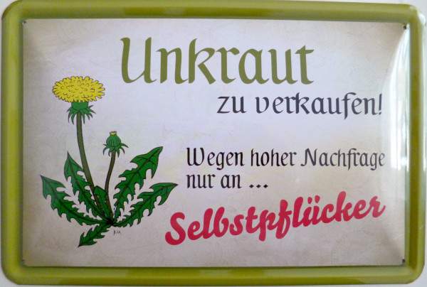 Blechschild Unkraut zu verkaufen an Selbstpflücker